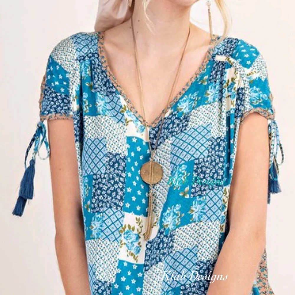❤️LAST 2! V Neck Teal Blue Mix Print Boho Crinkle Side Tie Top! - Picture 8 of 8